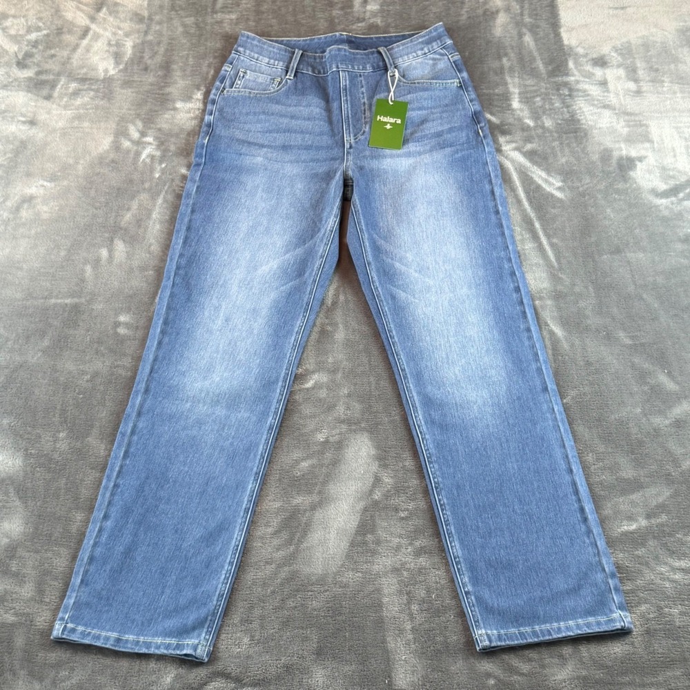 NWT Halara Womens Medium Wash Denim Straight Leg Pull On Jeans Size M High Rise